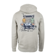 Spika Bone Collector men's hoodie in Dune Green, back view with illustrated hunters on a 4WD tailgate