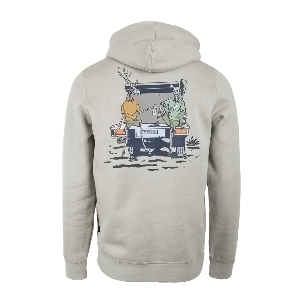 Spika Bone Collector men's hoodie in Dune Green, back view with illustrated hunters on a 4WD tailgate