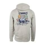 Spika Bone Collector men's hoodie in Dune Green, back view with illustrated hunters on a 4WD tailgate