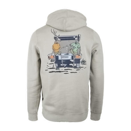 Spika Bone Collector men's hoodie in Dune Green, back view with illustrated hunters on a 4WD tailgate