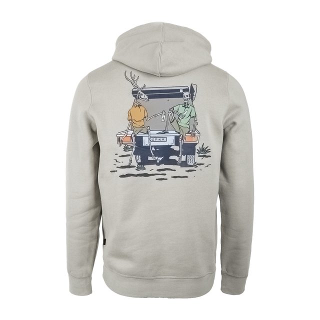 Spika Bone Collector men's hoodie in Dune Green, back view with illustrated hunters on a 4WD tailgate
