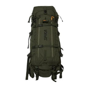Spika Drover II Hauler 40L pack only in Olive Summit, front view of the bag with straps and vertical Spika logo
