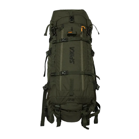 Spika Drover II Hauler 40L pack only in Olive Summit, front view of the bag with straps and vertical Spika logo