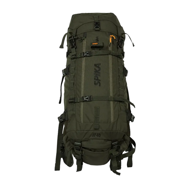Spika Drover II Hauler 40L pack only in Olive Summit, front view of the bag with straps and vertical Spika logo