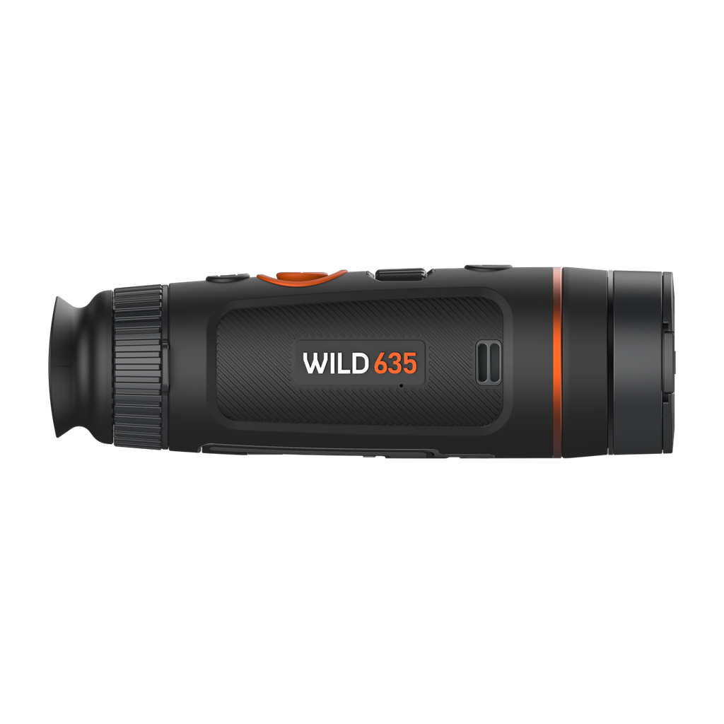 ThermTec Wild 635 thermal monocular, side profile showing the Wild 635 model badge