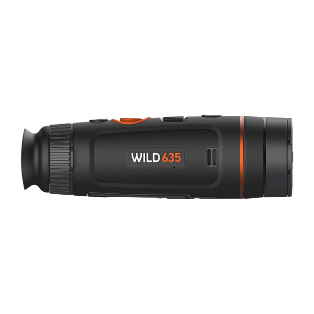 ThermTec Wild 635 thermal monocular, side profile showing the Wild 635 model badge