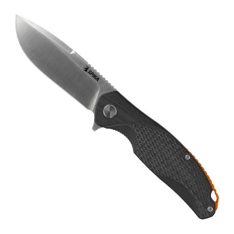 Spika Bushmaster Raider folding knife opened, black diamond-textured handle with orange accent