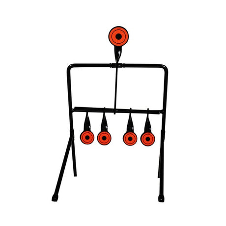 Spika .22 reset target with four orange knock-down plates and top reset paddle on steel stand