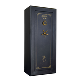 Spika SCH1 large premium 18-gun safe with keypad, brass handle and gold pinstripe, three-quarter view