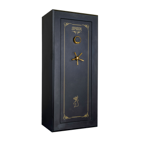 Spika SCH1 large premium 18-gun safe with keypad, brass handle and gold pinstripe, three-quarter view