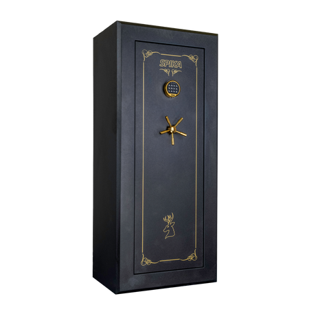 Spika SCH1 large premium 18-gun safe with keypad, brass handle and gold pinstripe, three-quarter view