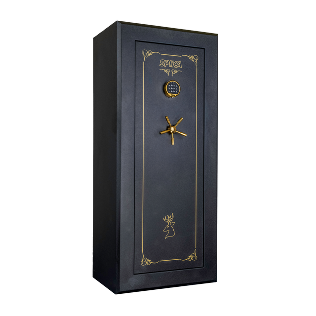 Spika SCH1 large premium 18-gun safe with keypad, brass handle and gold pinstripe, three-quarter view