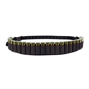 Spika leather 12 gauge shotgun ammo belt in dark brown, loaded with a full row of cartridges