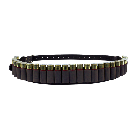 Spika leather 12 gauge shotgun ammo belt in dark brown, loaded with a full row of cartridges