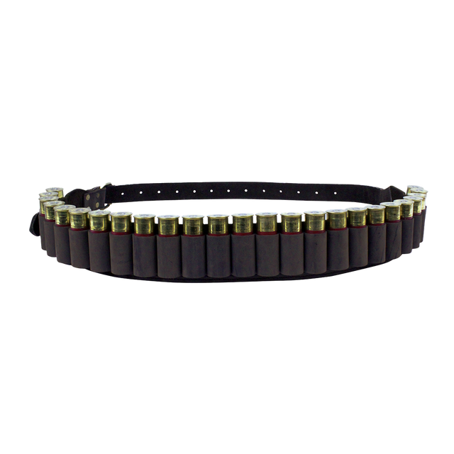 Spika leather 12 gauge shotgun ammo belt in dark brown, loaded with a full row of cartridges