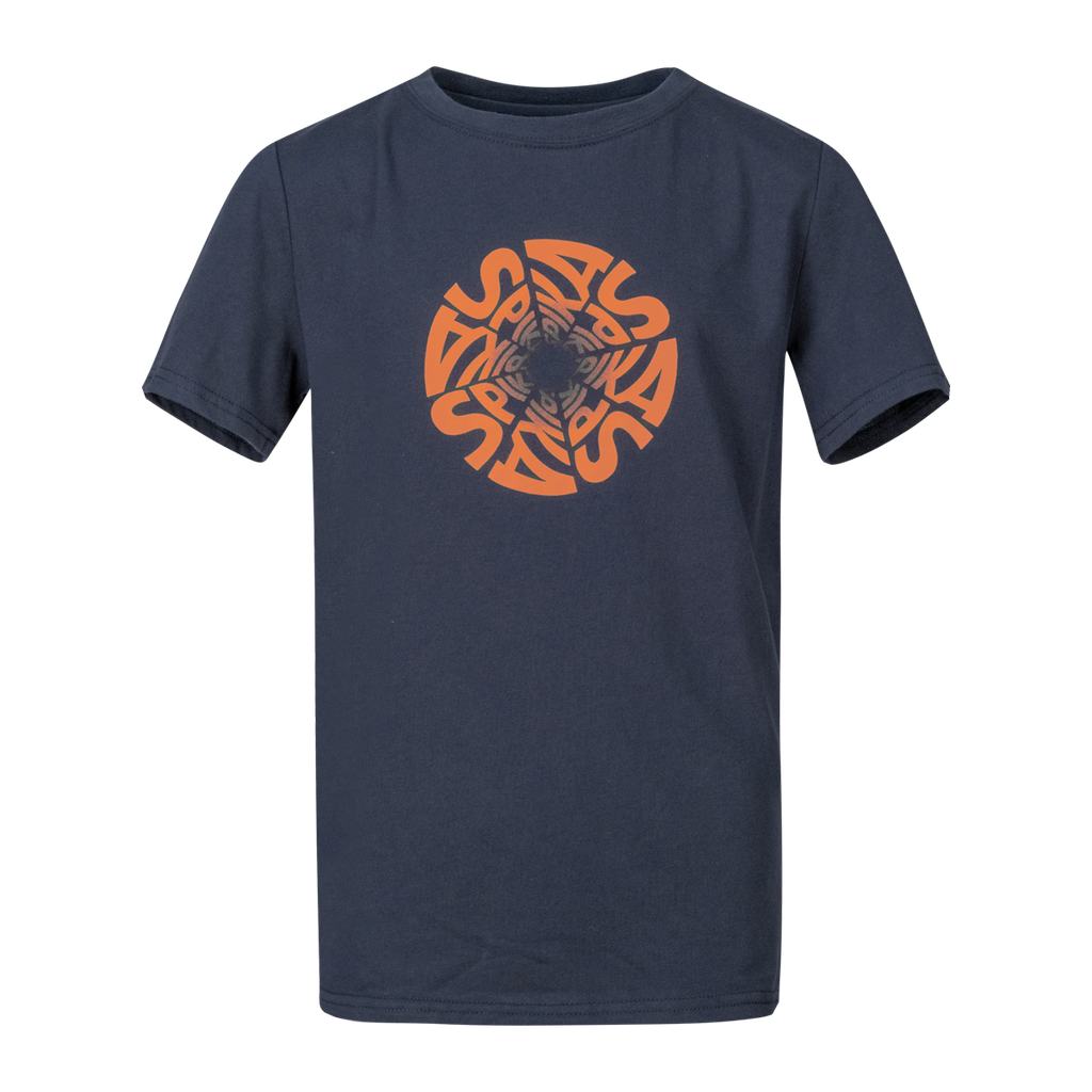 Spika GO Seeker kids' T-shirt in navy, front view with orange circular SPIKA swirl graphic