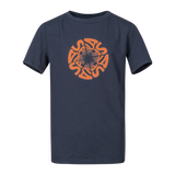 Spika GO Seeker kids' T-shirt in navy, front view with orange circular SPIKA swirl graphic