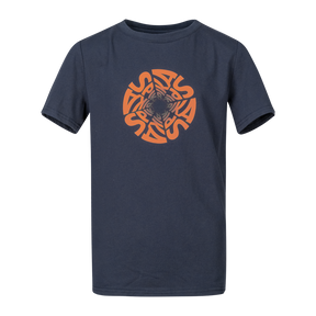 Spika GO Seeker kids' T-shirt in navy, front view with orange circular SPIKA swirl graphic