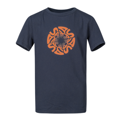 Spika GO Seeker kids' T-shirt in navy, front view with orange circular SPIKA swirl graphic