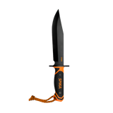 Spika Command Bowie knife with black clip point blade, orange and black grip and orange lanyard