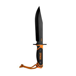 Spika Command Bowie knife with black clip point blade, orange and black grip and orange lanyard