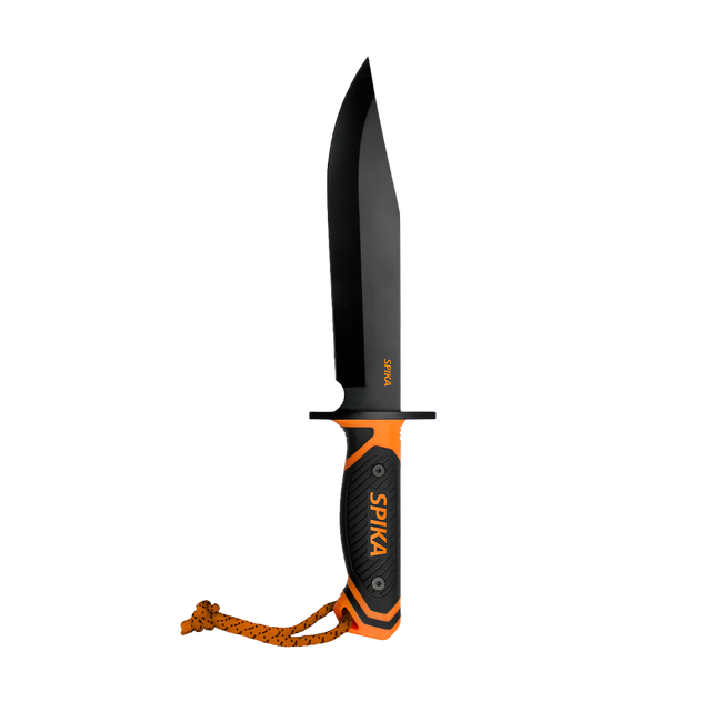 Spika Command Bowie knife with black clip point blade, orange and black grip and orange lanyard