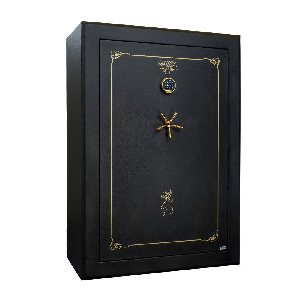 Spika SCH2 extra large 33-gun safe with keypad, brass handle and gold pinstripe, three-quarter view