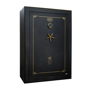 Spika SCH2 extra large 33-gun safe with keypad, brass handle and gold pinstripe, three-quarter view