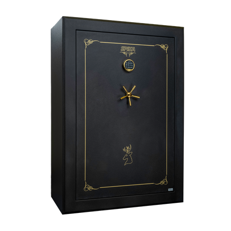 Spika SCH2 extra large 33-gun safe with keypad, brass handle and gold pinstripe, three-quarter view