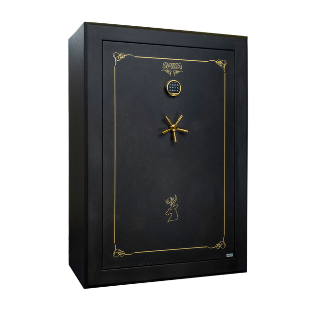Spika SCH2 extra large 33-gun safe with keypad, brass handle and gold pinstripe, three-quarter view