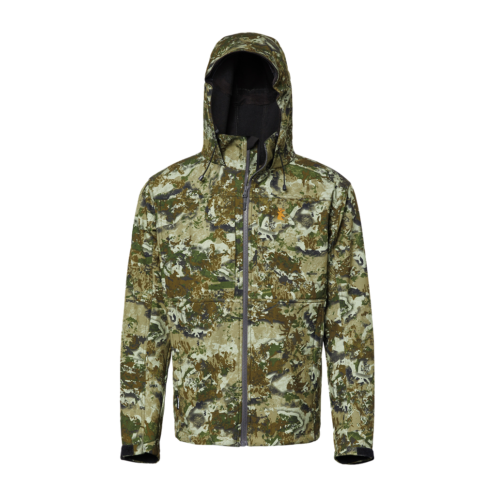 Spika Highpoint men's hooded shell hunting jacket in Biarri Camo, front view with hood up