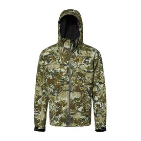 Spika Highpoint men's hooded shell hunting jacket in Biarri Camo, front view with hood up