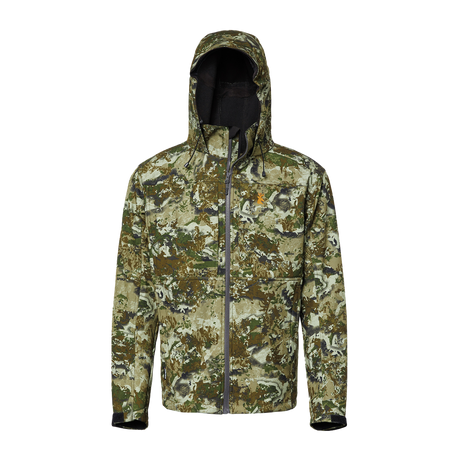 Spika Highpoint men's hooded shell hunting jacket in Biarri Camo, front view with hood up