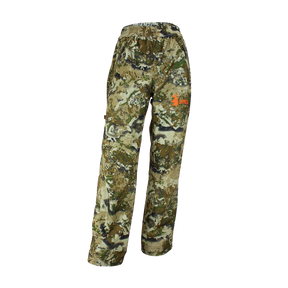 Spika Tracker kids' hunting pants in Biarri Camo, front three-quarter view with orange Spika logo