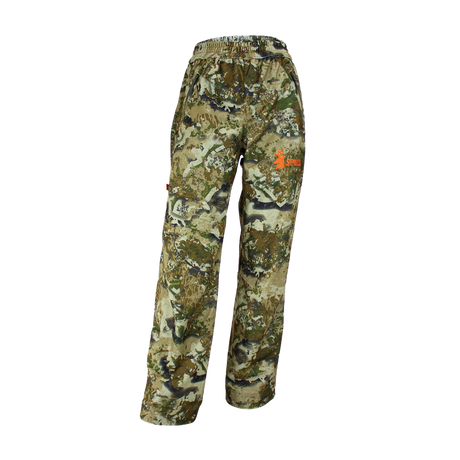 Spika Tracker kids' hunting pants in Biarri Camo, front three-quarter view with orange Spika logo