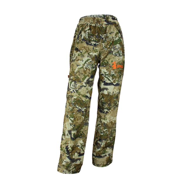 Spika Tracker kids' hunting pants in Biarri Camo, front three-quarter view with orange Spika logo