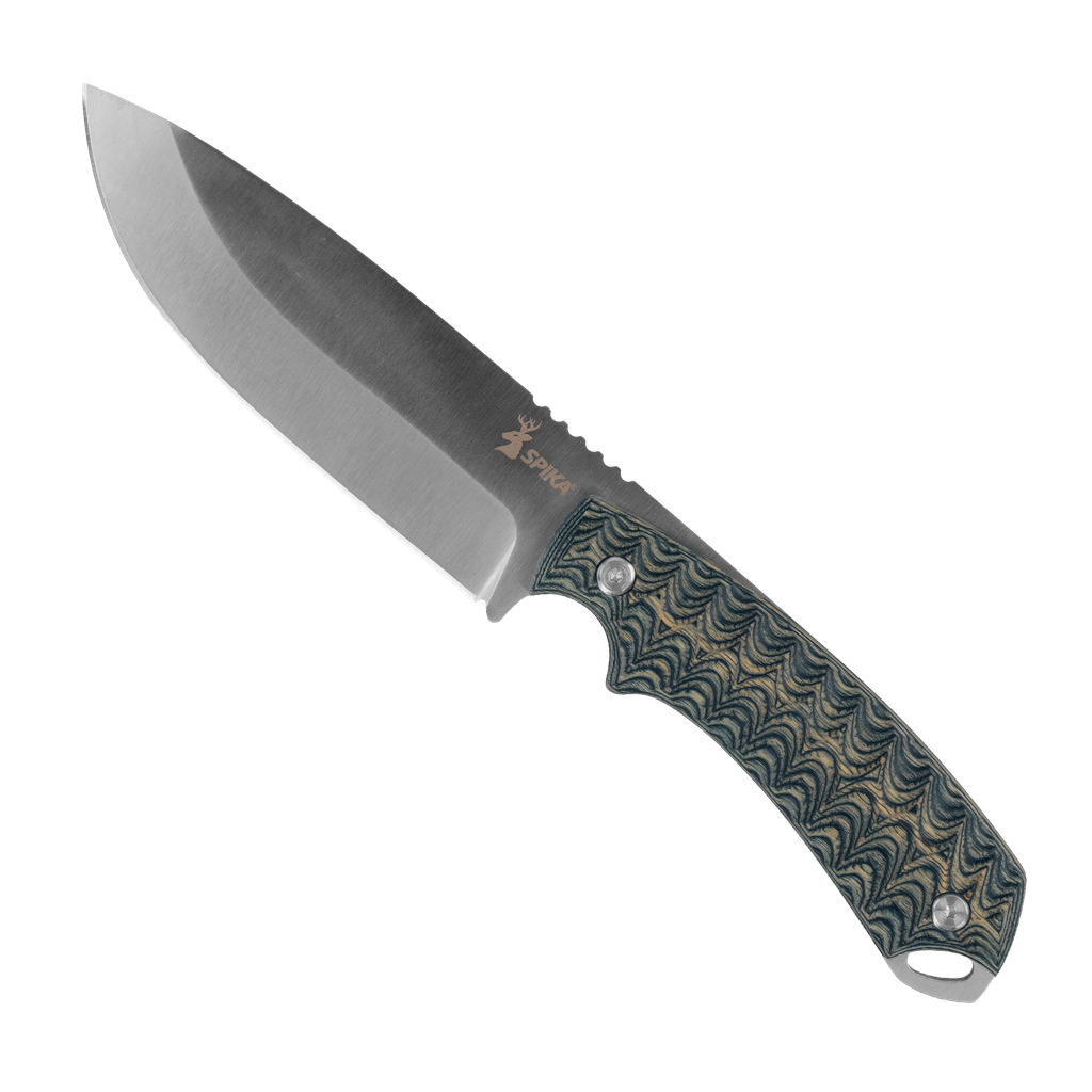 Spika Bushmaster Dogtooth fixed blade hunting knife with textured green and tan handle, blade left