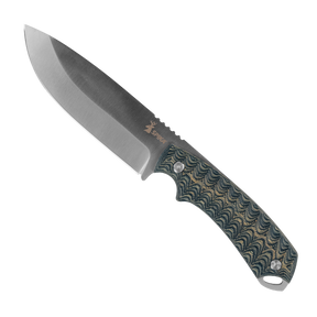 Spika Bushmaster Dogtooth fixed blade hunting knife with textured green and tan handle, blade left