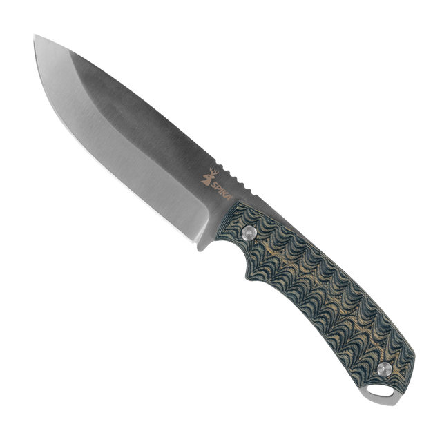 Spika Bushmaster Dogtooth fixed blade hunting knife with textured green and tan handle, blade left