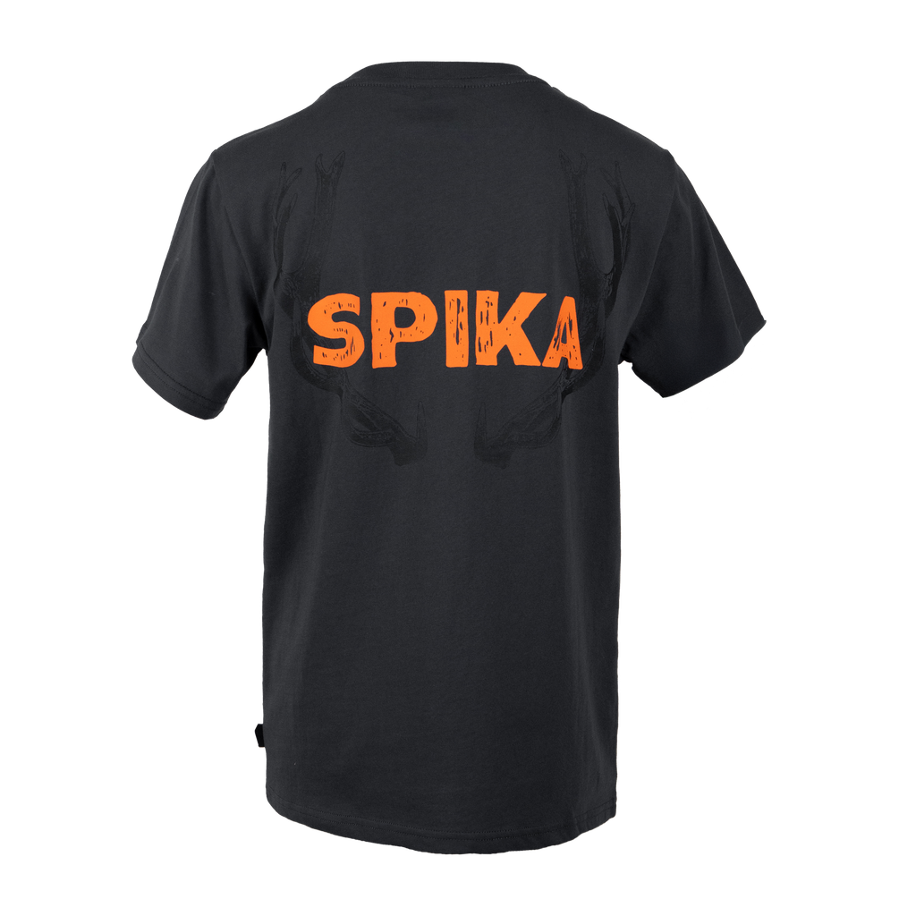 Spika Red Stag youth T-shirt in Washed Pine, back view with large orange Spika logo print