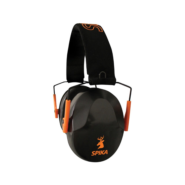 Spika Slimline earmuffs in black with orange accents, folding headband and Spika stag logo