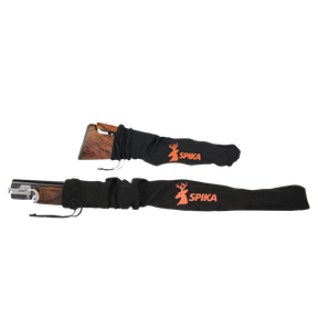 Spika two piece gun sock in black with orange logo, fitted on a shotgun