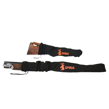 Spika two piece gun sock in black with orange logo, fitted on a shotgun