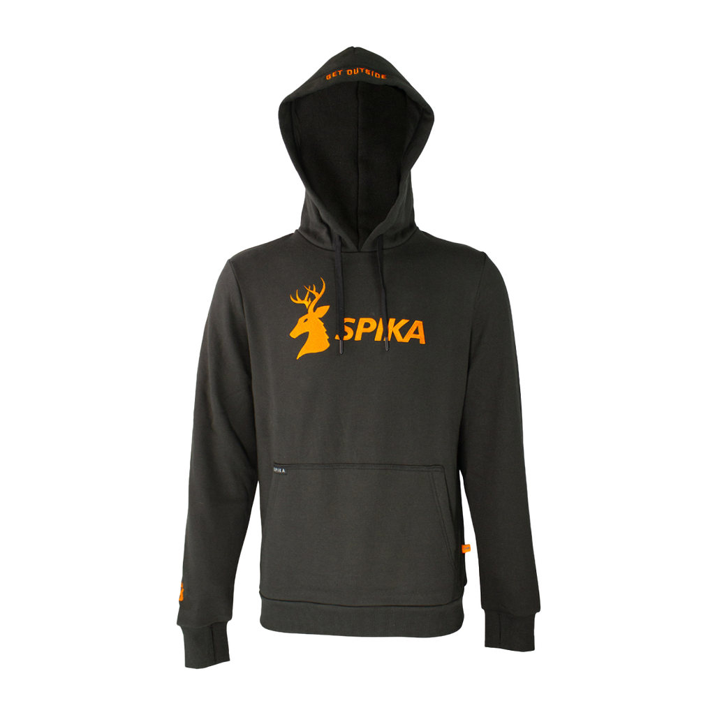 Spika GO Classic men's hoodie in black, front view with orange stag SPIKA chest logo