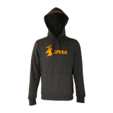 Spika GO Classic men's hoodie in black, front view with orange stag SPIKA chest logo