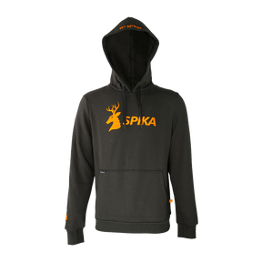 Spika GO Classic men's hoodie in black, front view with orange stag SPIKA chest logo