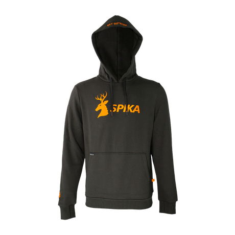 Spika GO Classic men's hoodie in black, front view with orange stag SPIKA chest logo