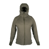 Spika Aura women's hybrid puffer jacket in Dusky Green with hood up and full zip, front view
