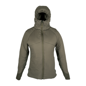 Spika Aura women's hybrid puffer jacket in Dusky Green with hood up and full zip, front view
