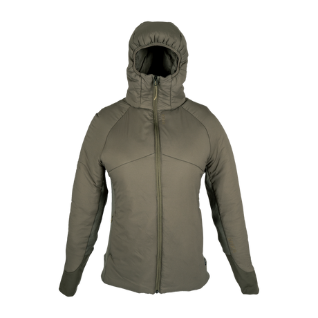 Spika Aura women's hybrid puffer jacket in Dusky Green with hood up and full zip, front view